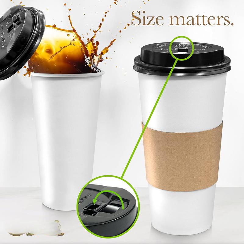 20 Oz Disposable Coffee Cups with Lids and Sleeves for Insulation (50 Pack) - To Go Paper White Coffee Cups for Travel, Hot Beverage Cups for Coffee, Tea, Hot Chocolate for Winter