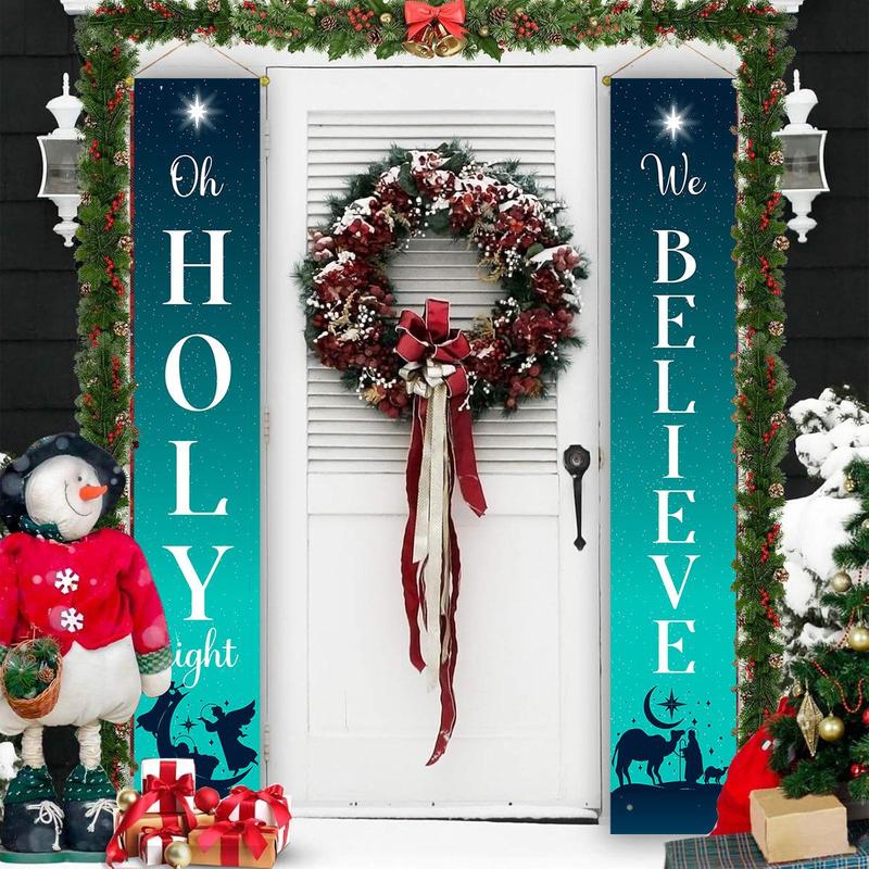 Merry Christmas Door Porch Banner, 1 Pair Holy Night Nativity Scene Hanging Porch Sign, Creative New Year Winter Home Wall Front Door Banners