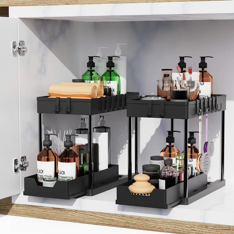 Under Sink Organizer, 1 Count 2-tier Large Capacity Sliding Cabinet Basket Organizer with Hooks, Multi-purpose Under Sink Storage Rack