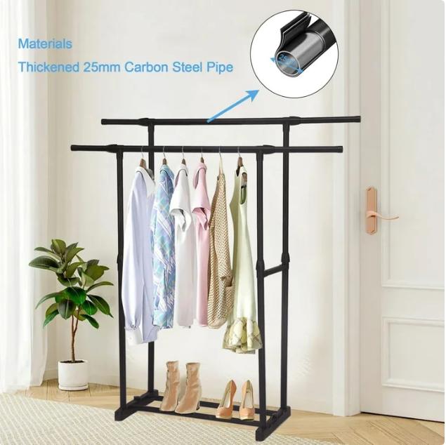 Double Rod Adjustable Rolling Clothes Rack with Lower Storage - High Quality Steel, Perfect for Laundry Rooms and Bedrooms