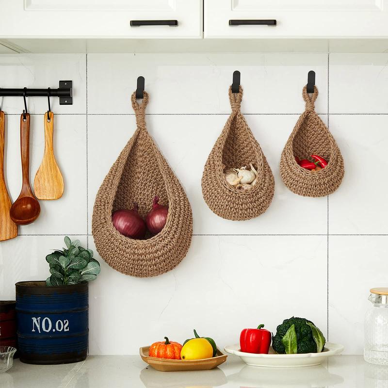 Hanging Baskets, Onion Basket Coat Bohemian Storage Fruit Wall Hooks for Kitchen Wall Home Restaurant Garlic Vegetable Wall Planters, 3 Sizes (Linen)