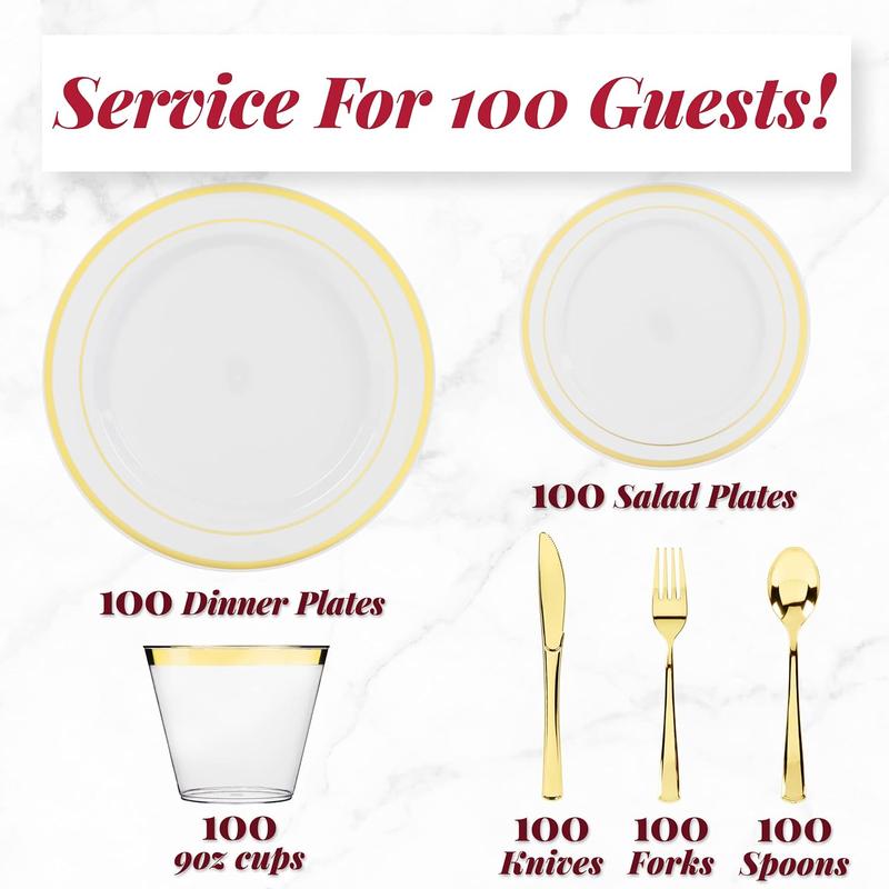 600 Pc Disposable Dinnerware Set for 100 Guests - Gold - Reusable Party Supplies Set incl. 100 of Dinner Plates, Salad Plates, Knives, Forks, Spoons and Cups, Wedding Reception Supplies