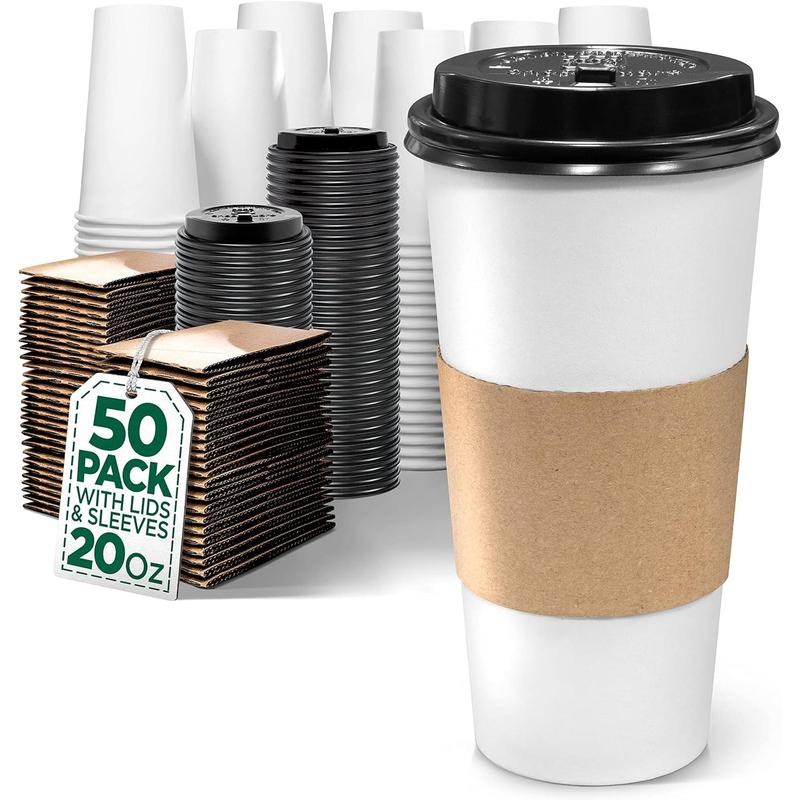 20 Oz Disposable Coffee Cups with Lids and Sleeves for Insulation (50 Pack) - To Go Paper White Coffee Cups for Travel, Hot Beverage Cups for Coffee, Tea, Hot Chocolate for Winter