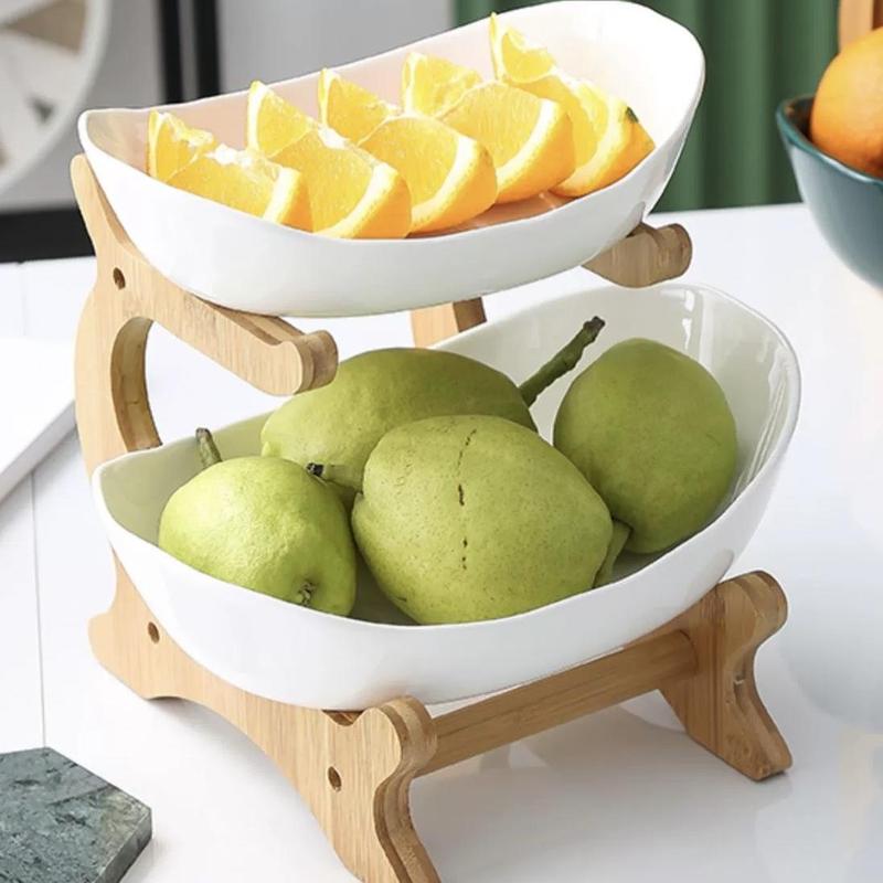 Fruit Basket with Natural Bamboo Stand, 1 Count 3-layer 2-layer Modern Durable Fruit Basket, Tableware Rest for Home Kitchen Dining Room