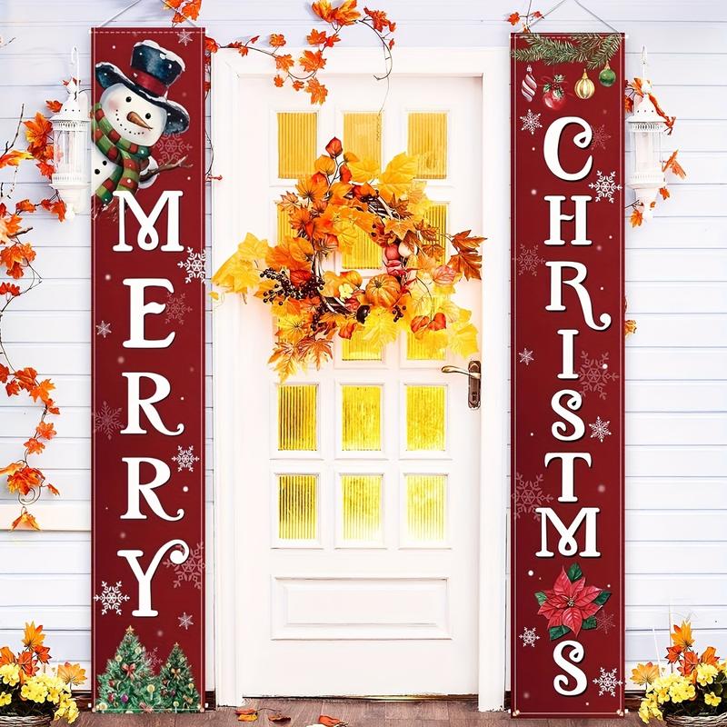 2-Pack Merry Christmas Banner-Snowman and Christmas Tree Pattern, 12X70.8 Inches, Polyester Material, No Power Supply, Suitable for Room Decoration, Ideal for Front Door Wall Courtyard, Outdoor Use