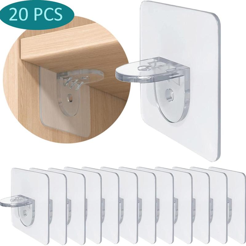 20pcs Clear Wall Mounted Hook, Self Adhesive Punch Free Cabinet Shelf Bracket, Shelf Support Peg for Home Bedroom Bathroom Kitchen, Shelf Support