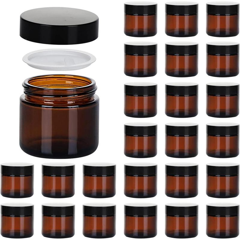 2oz Jars with Lids, 24 Pack Amber Glass Jars with Lids Empty Cosmetic Containers Round Airtight Glass Jar with Inner Liners and Black Lids for Storing Lotions, Powders Bottles Tin Canister Organiser