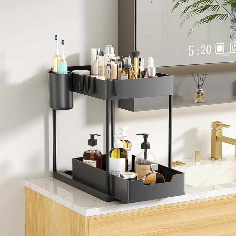 Under Sink Organizer, 1 Count 2-tier Large Capacity Sliding Cabinet Basket Organizer with Hooks, Multi-purpose Under Sink Storage Rack