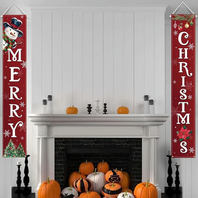 2-Pack Merry Christmas Banner-Snowman and Christmas Tree Pattern, 12X70.8 Inches, Polyester Material, No Power Supply, Suitable for Room Decoration, Ideal for Front Door Wall Courtyard, Outdoor Use