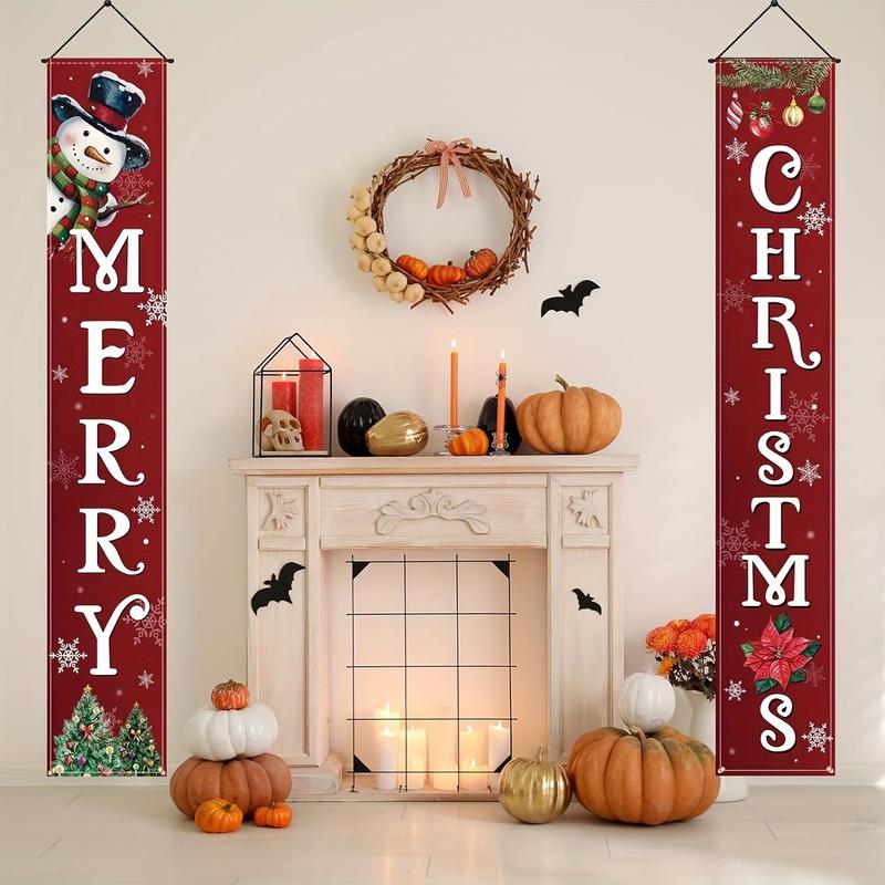 2-Pack Merry Christmas Banner-Snowman and Christmas Tree Pattern, 12X70.8 Inches, Polyester Material, No Power Supply, Suitable for Room Decoration, Ideal for Front Door Wall Courtyard, Outdoor Use