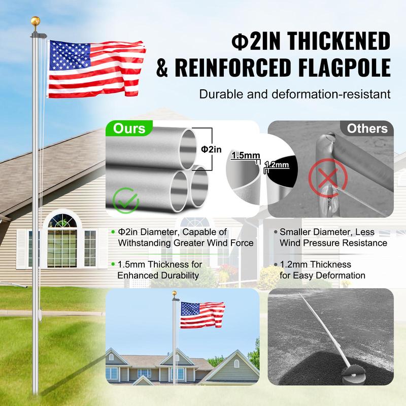 VEVOR 25FT Sectional Flag pole Kit, Heavy Duty Aluminum Alloy in Ground Flag poles for Outside, 3 Display Modes Flagpole with 3x5 American Flag, Professional Accessories, Silver Banners Lightweight