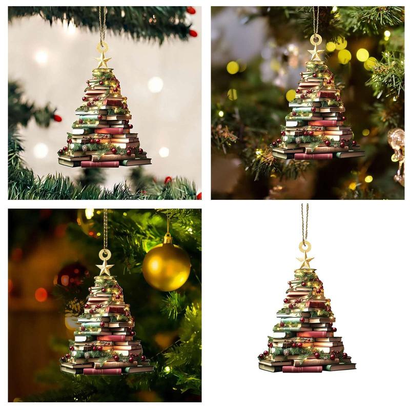 Christmas Tree Shaped Bookshelf Pendant, 2 Counts set Book Stacking Pattern Decoration, Bookshelf Decor Ornaments, Christmas Decorations