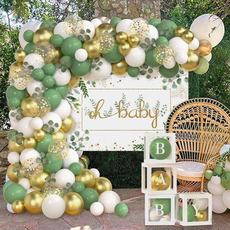 140 PCS Baby Shower Decoration Pack With Sage Green Balloons Garland, 59*40 Inches Oh Baby Backdrop, Baby Balloons Boxes, Eucalyptus Leaves