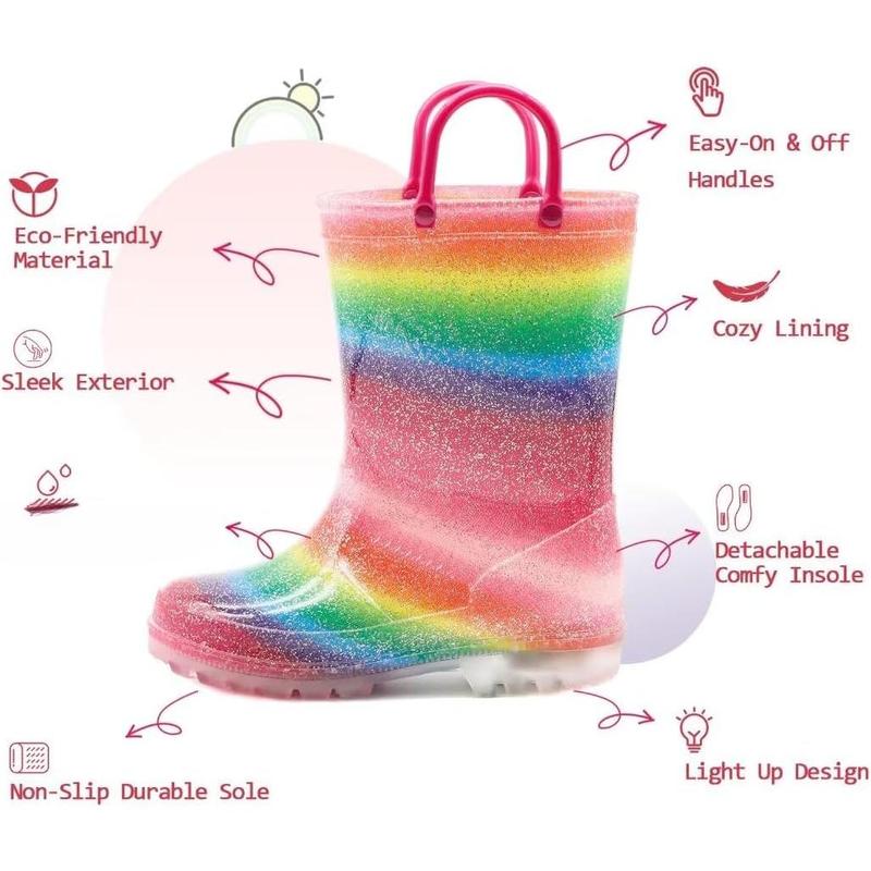 Waterproof Light Up Rain Boots Patterns and Glitter Boots with Handles