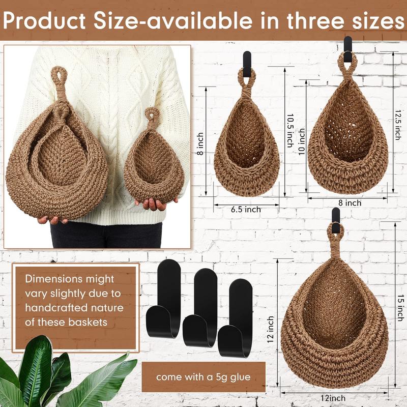 Hanging Baskets, Onion Basket Coat Bohemian Storage Fruit Wall Hooks for Kitchen Wall Home Restaurant Garlic Vegetable Wall Planters, 3 Sizes (Linen)