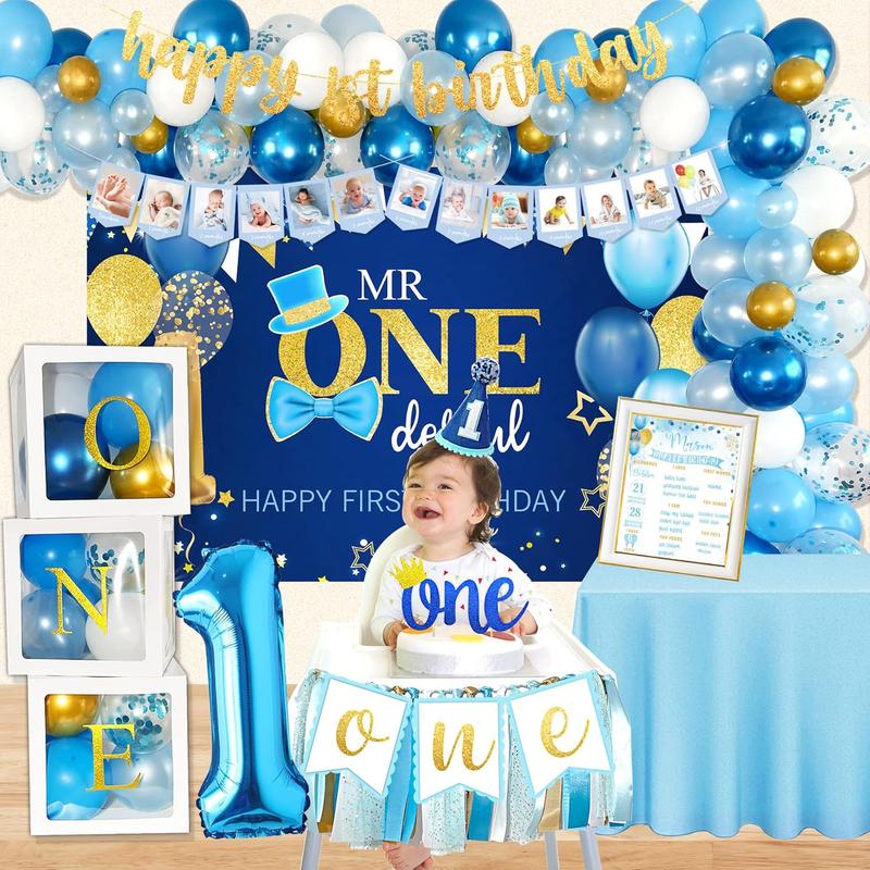 Baby Boy 1st Birthday Decorations Supplies, 1st Birthday Boy Decorations, Baby First Birthday Decorations for Boy, First Birthday Balloon Boxes, Backdrop, High Chair Banner, Crown, Photo Banner