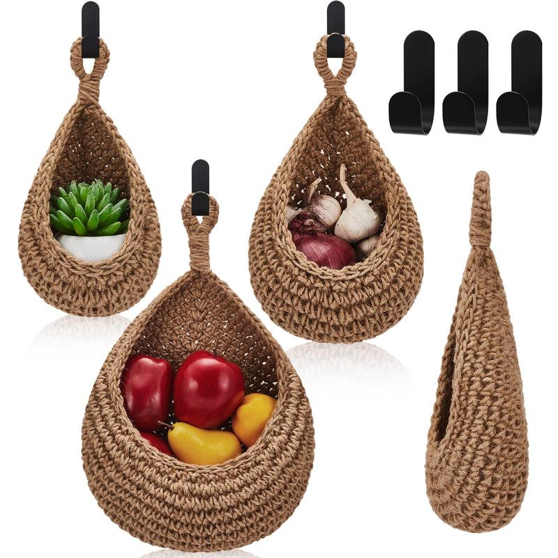 Hanging Baskets, Onion Basket Coat Bohemian Storage Fruit Wall Hooks for Kitchen Wall Home Restaurant Garlic Vegetable Wall Planters, 3 Sizes (Linen)