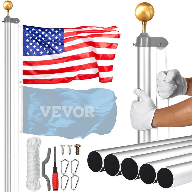 VEVOR 25FT Sectional Flag pole Kit, Heavy Duty Aluminum Alloy in Ground Flag poles for Outside, 3 Display Modes Flagpole with 3x5 American Flag, Professional Accessories, Silver Banners Lightweight