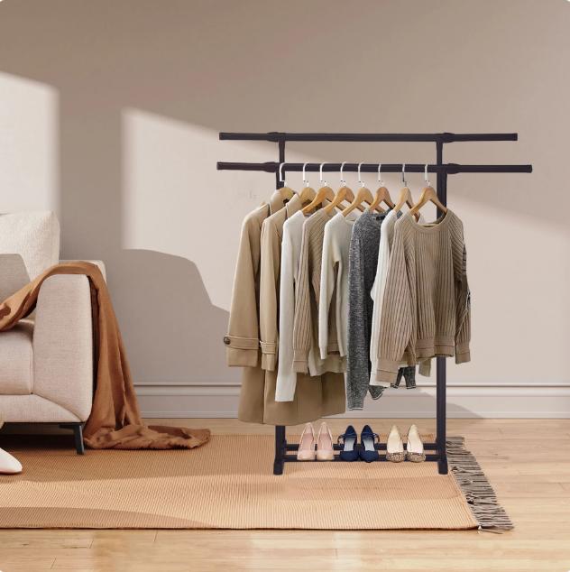 Double Rod Adjustable Rolling Clothes Rack with Lower Storage - High Quality Steel, Perfect for Laundry Rooms and Bedrooms