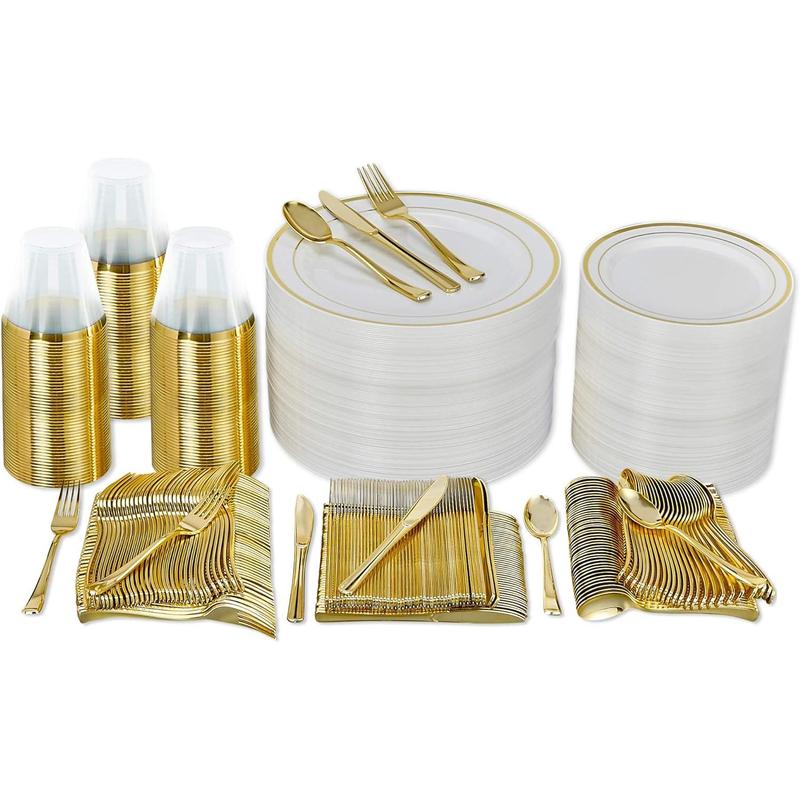 600 Pc Disposable Dinnerware Set for 100 Guests - Gold - Reusable Party Supplies Set incl. 100 of Dinner Plates, Salad Plates, Knives, Forks, Spoons and Cups, Wedding Reception Supplies