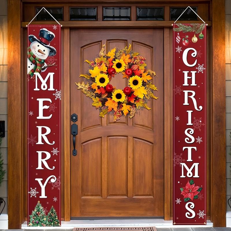 2-Pack Merry Christmas Banner-Snowman and Christmas Tree Pattern, 12X70.8 Inches, Polyester Material, No Power Supply, Suitable for Room Decoration, Ideal for Front Door Wall Courtyard, Outdoor Use