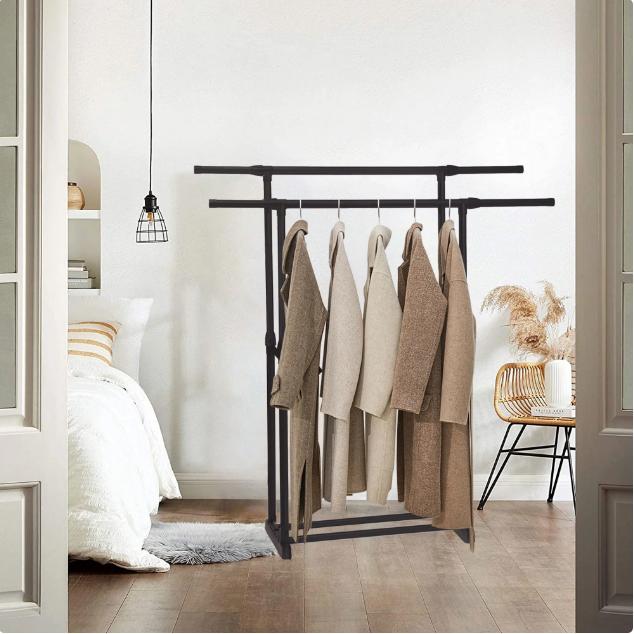 Double Rod Adjustable Rolling Clothes Rack with Lower Storage - High Quality Steel, Perfect for Laundry Rooms and Bedrooms