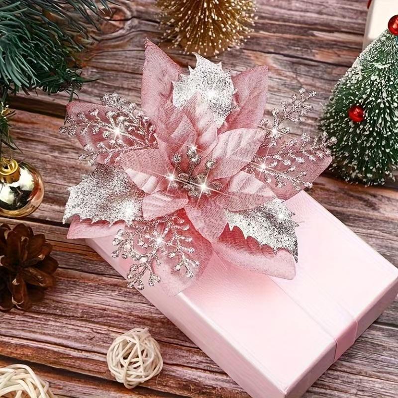 Artificial Glitter Flower, 10pcs set Faux Flower, Fake Flower for Christmas Tree Decoration, Party Decoration Supplies, Home Decor Supplies