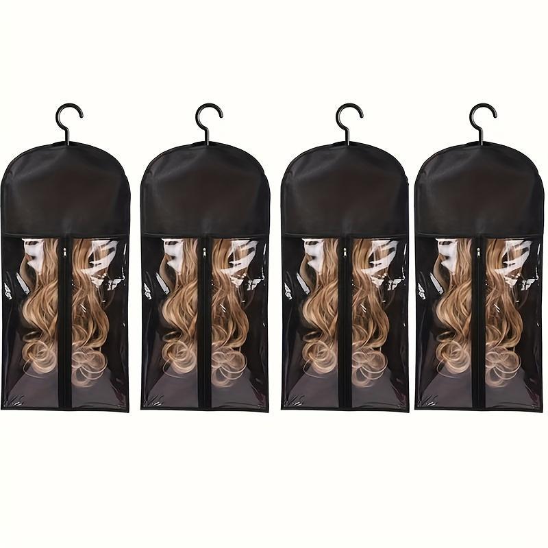 Clear Wig Storage Bag with Hook, 4 Counts Christmas Dustproof Zipper Wig & Hair Extension Hanger, Heatless Styling Tools for Salon & Home Use