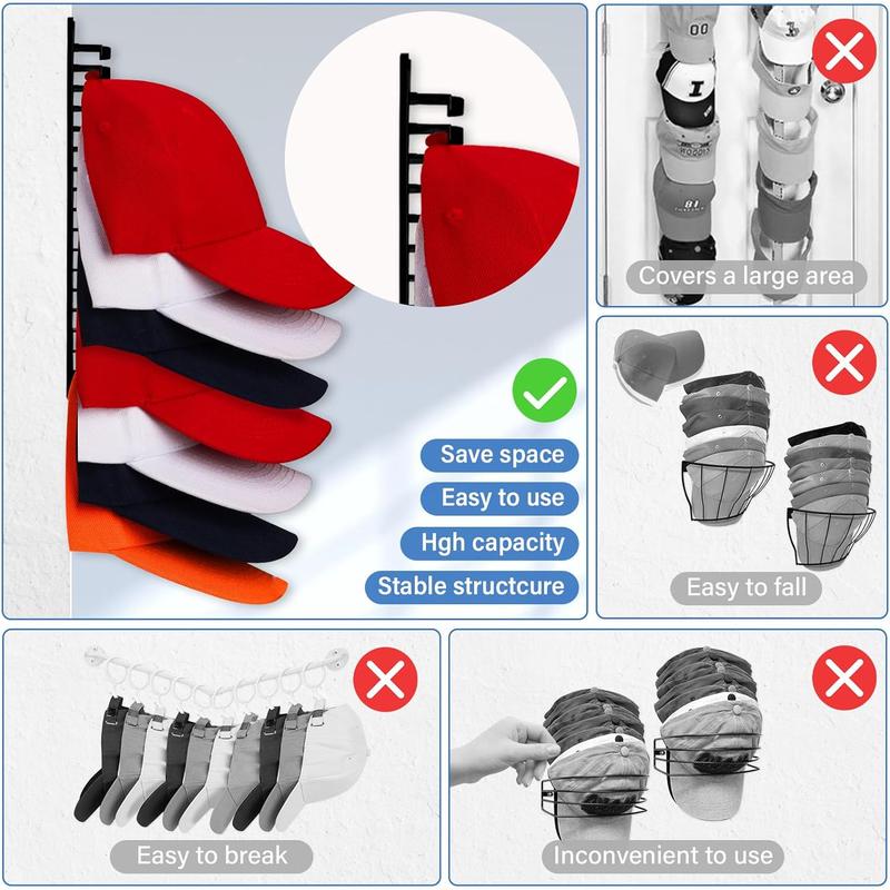 Baseball Cap Storage Solution: One Pack of Adhesive Hat Hooks for Wall, Cap Rack Holds Up to 16 Hats, Ideal for Displaying and Organizing Hats on Doors or in Closets, Patent Pending