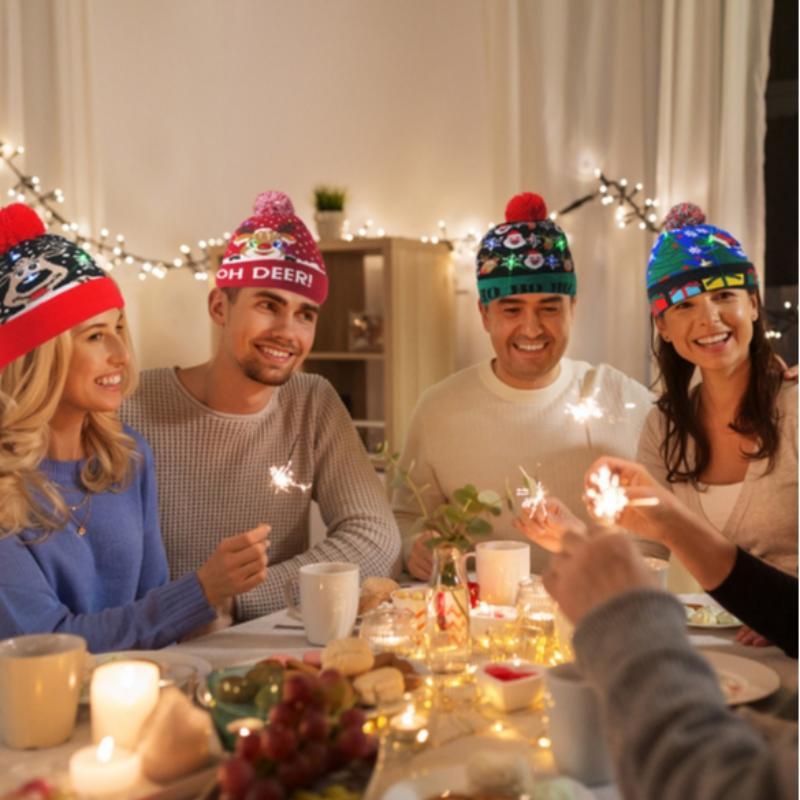 LED Light Up Christmas Pattern Knit Hat, 1 Count Unisex Winter Beanie Hat with Pom Pom, Festive & Party Supplies for Holiday Party