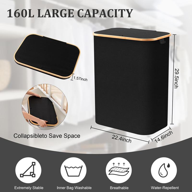 160L Laundry Hamper with Lid, Extra Large 3-Section Laundry Baskets with Bamboo Handles and Removable Laundry Bags, Foldable Clothes Hamper for Bedroom, Bathroom, Laundry Room, Black Organiser