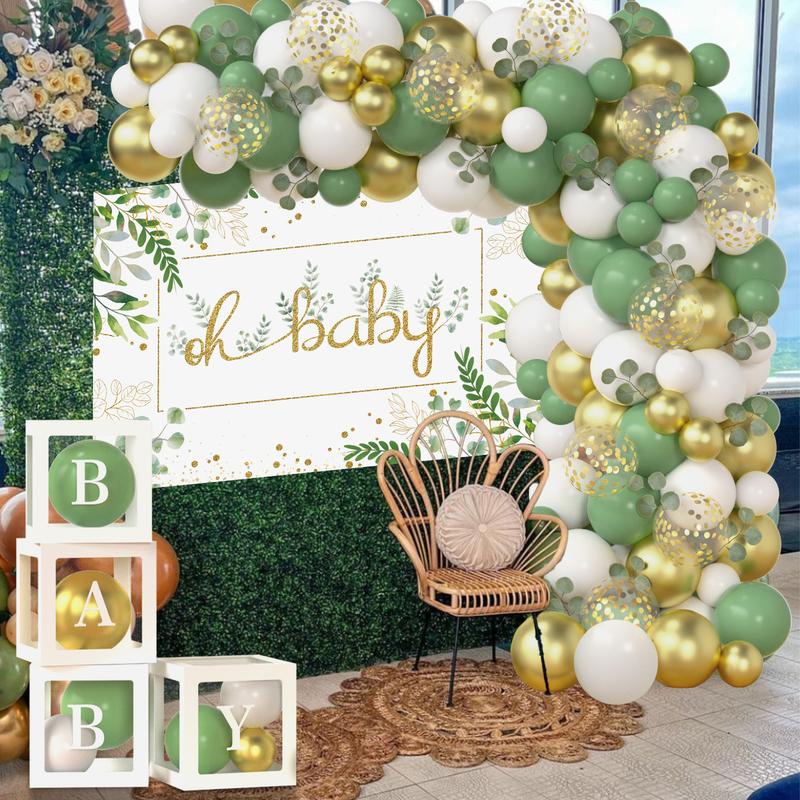 140 PCS Baby Shower Decoration Pack With Sage Green Balloons Garland, 59*40 Inches Oh Baby Backdrop, Baby Balloons Boxes, Eucalyptus Leaves