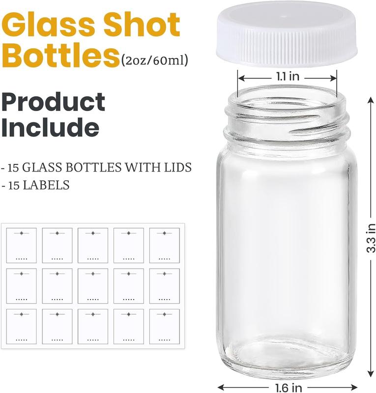 15 Pack 2 oz Glass Shot Bottles w  White Lids & 15 Labels - Small Clear Jar for Ginger, Wellness Shot, Juice, Sample,  - Travel Mini Bottles - Wide Mouth, Leakproof, Dishwasher Safe