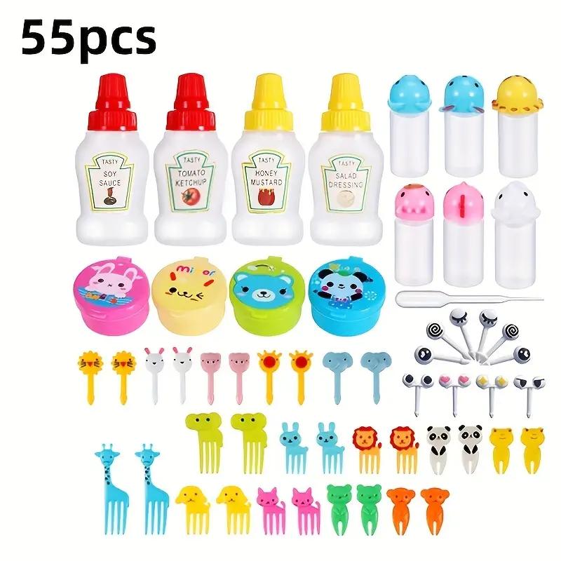 55pcs Mini Plastic Fruit Fork Cute Food Fork For Cake Dessert Fruit Platter Reusable Mini Toothpick Condiment Squeeze Bottle Mini Ketchup Bottle Lunch Accessories Disposable Set