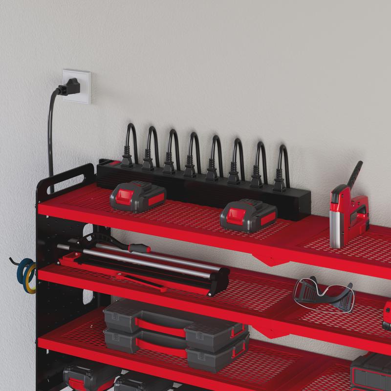 NattyDot Power Tool Organizer Wall Mount with Charging Station,Creator Recommendation Tool Rack, Cordless Tool Organizer 8 Drill Holder, 4 Layer Storage Rack for Garage Organization,Tool Holder with 8 Outlet Power Strip