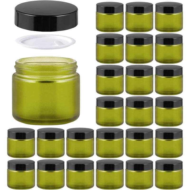 2oz Jars with Lids, 24 Pack Amber Glass Jars with Lids Empty Cosmetic Containers Round Airtight Glass Jar with Inner Liners and Black Lids for Storing Lotions, Powders Bottles Tin Canister Organiser