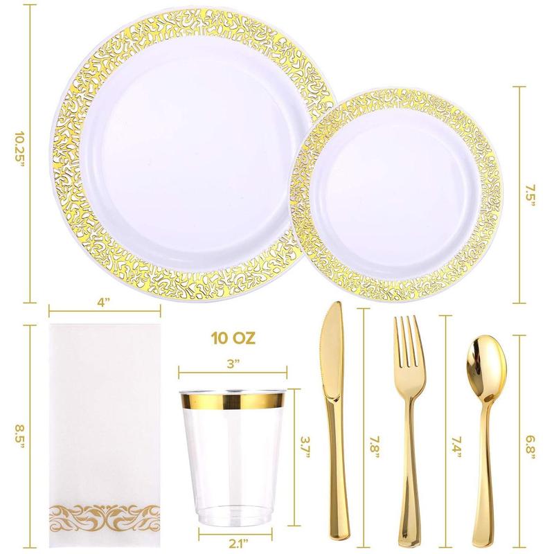 175 One Suit Foreign Trade Tableware Disposable Golden Edge Plate Wine Glass Knife, Fork and Spoon PS Hard Plastic Fruit Hollow Plate