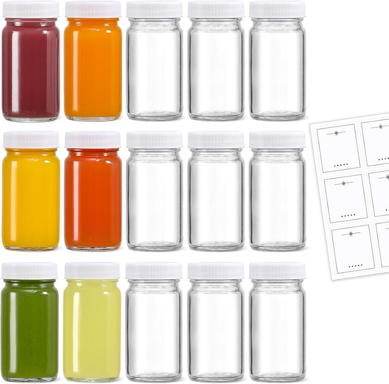 15 Pack 2 oz Glass Shot Bottles w  White Lids & 15 Labels - Small Clear Jar for Ginger, Wellness Shot, Juice, Sample,  - Travel Mini Bottles - Wide Mouth, Leakproof, Dishwasher Safe