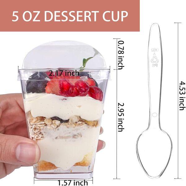 50Pack 5oz Clear Plastic Dessert Cups with Lids and Spoons, Reusable Square Parfait Appetizer Cups, Party Trifle Shooter Serving Cups, Mini Dessert Shot Glasses for Tasting