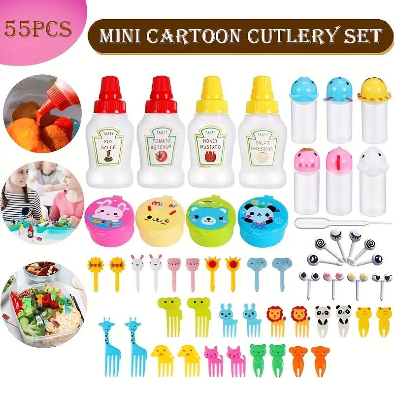 55pcs Mini Plastic Fruit Fork Cute Food Fork For Cake Dessert Fruit Platter Reusable Mini Toothpick Condiment Squeeze Bottle Mini Ketchup Bottle Lunch Accessories Disposable Set