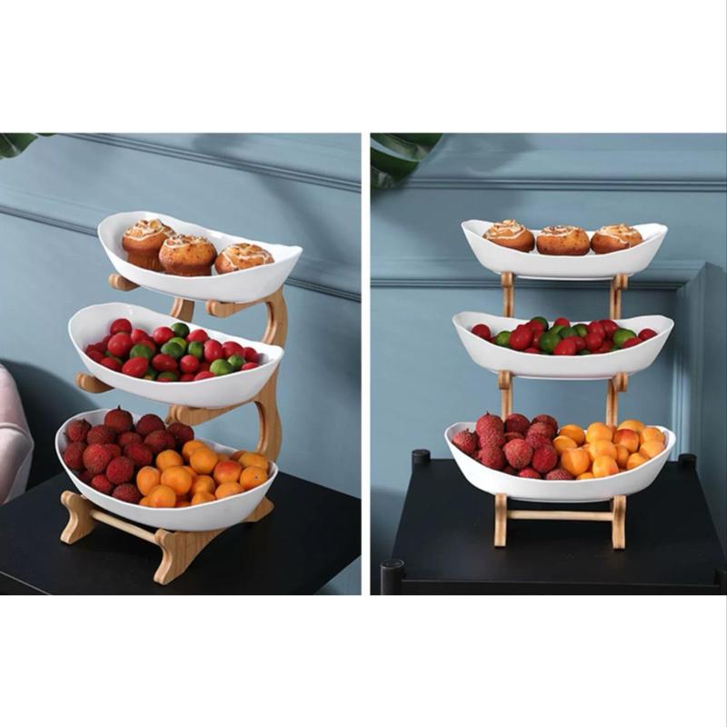 Fruit Basket with Natural Bamboo Stand, 1 Count 3-layer 2-layer Modern Durable Fruit Basket, Tableware Rest for Home Kitchen Dining Room