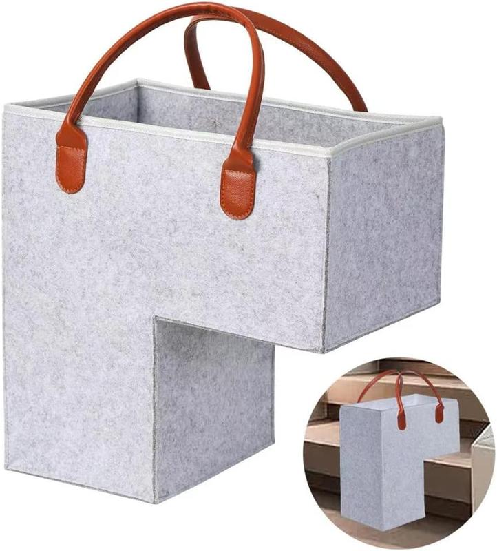 Stair basket with leather handles, good quality felt stair basket for carpeted and wooden stairs, suitable for stair storage organizer