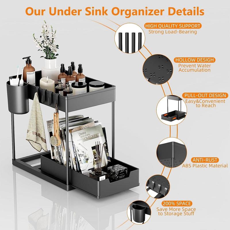 Under Sink Organizer, 1 Count 2-tier Large Capacity Sliding Cabinet Basket Organizer with Hooks, Multi-purpose Under Sink Storage Rack