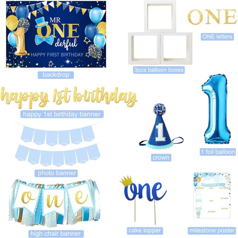 Baby Boy 1st Birthday Decorations Supplies, 1st Birthday Boy Decorations, Baby First Birthday Decorations for Boy, First Birthday Balloon Boxes, Backdrop, High Chair Banner, Crown, Photo Banner