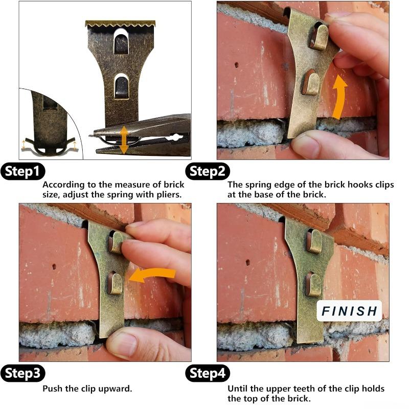 Brick Hook Clips (4 Pack) - Require More Than 1 8” Brick Wall Cement Gap Fits 2-1 4 to 2-2 5 Inch Bricks Outdoor Brick Hangers Wall Clips for Hanging - Mounting to Brick without Drilling