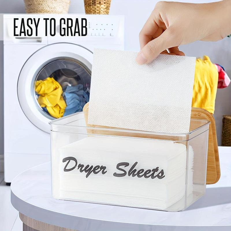 Clear Dryer Sheet Holder Container with Bamboo Lid, 1 Count Laundry Room Decor Storage Box with Label, Clean Dryer Sheet Detergent Pods Dispenser Box for Home