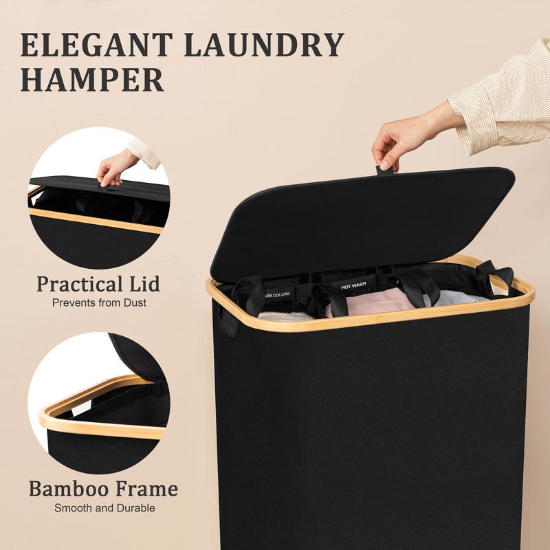 160L Laundry Hamper with Lid, Extra Large 3-Section Laundry Baskets with Bamboo Handles and Removable Laundry Bags, Foldable Clothes Hamper for Bedroom, Bathroom, Laundry Room, Black Organiser