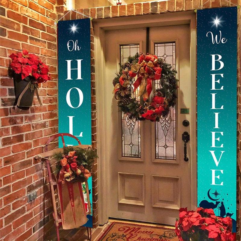 Merry Christmas Door Porch Banner, 1 Pair Holy Night Nativity Scene Hanging Porch Sign, Creative New Year Winter Home Wall Front Door Banners