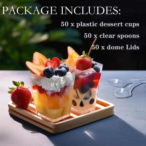 50Pack 5oz Clear Plastic Dessert Cups with Lids and Spoons, Reusable Square Parfait Appetizer Cups, Party Trifle Shooter Serving Cups, Mini Dessert Shot Glasses for Tasting