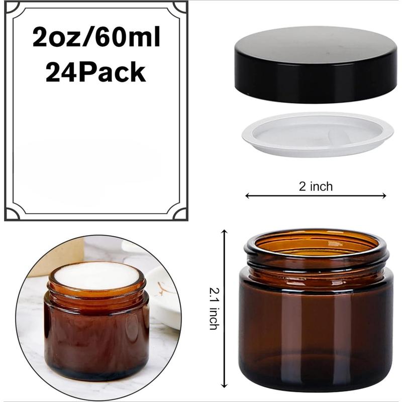 2oz Jars with Lids, 24 Pack Amber Glass Jars with Lids Empty Cosmetic Containers Round Airtight Glass Jar with Inner Liners and Black Lids for Storing Lotions, Powders Bottles Tin Canister Organiser